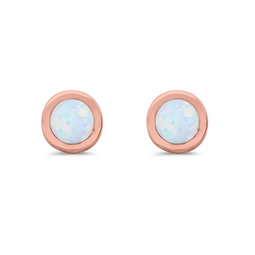 Solitaire Bezel Stud Earrings Round Rose Tone, Lab Created White Opal 925 Sterling Silver(0.25mm)
